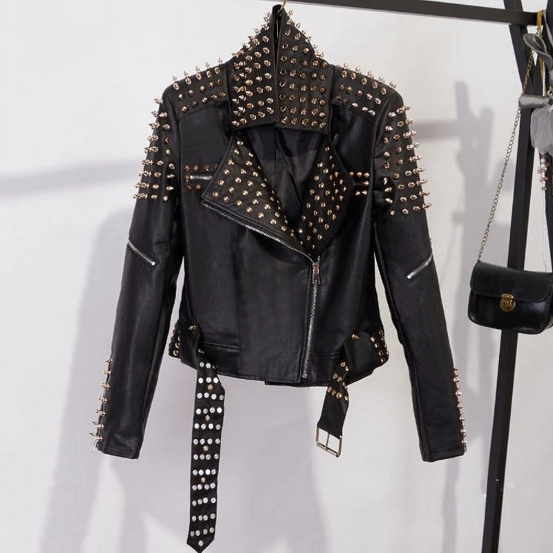 New Womens Punk Spike Studded Shoulder Faux Leather Jacket Coat Motorcycle Rivet